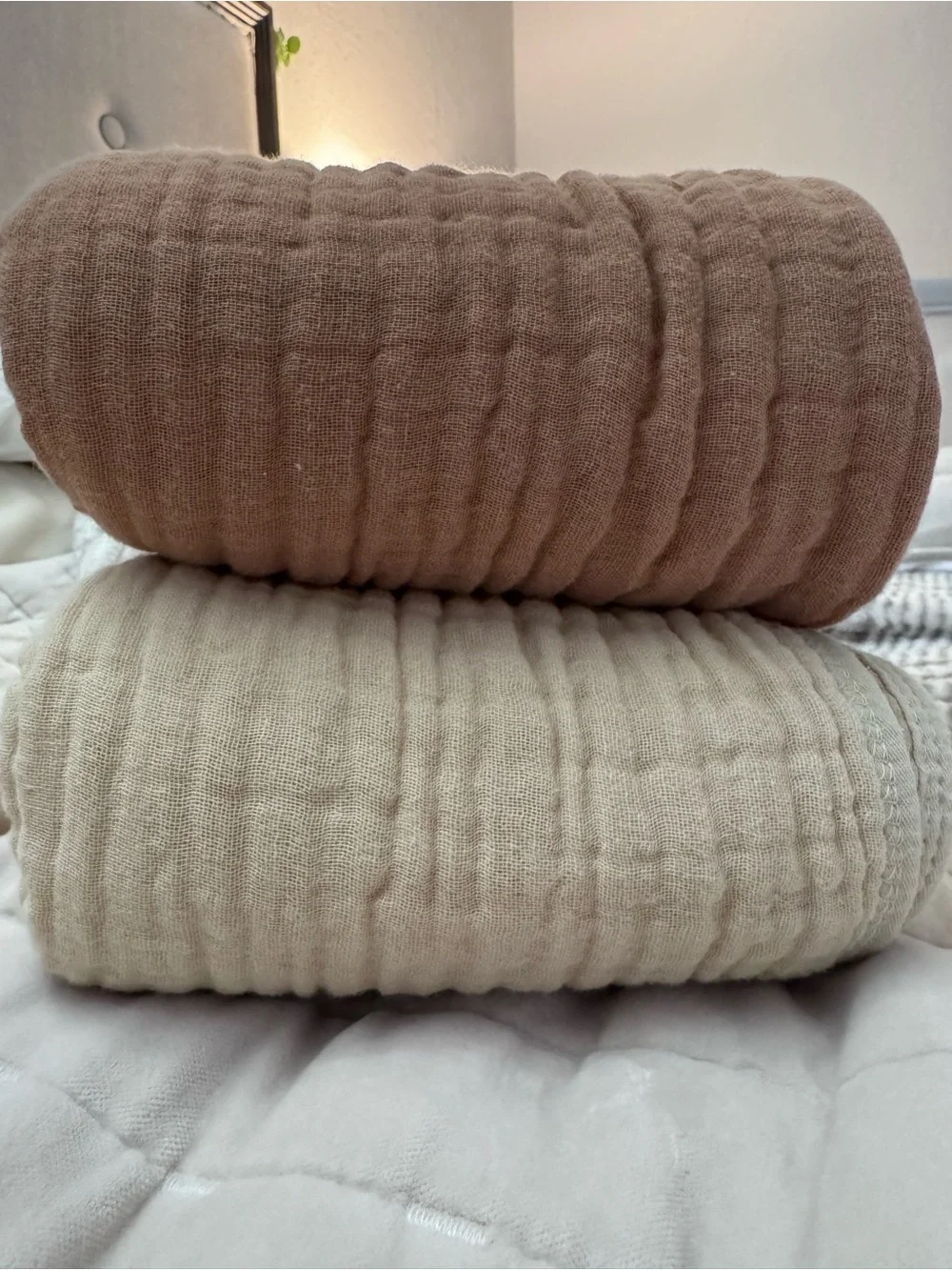 Muslin Hooded Baby Bath Towel Set - Cream and Dusty Rose/Rust